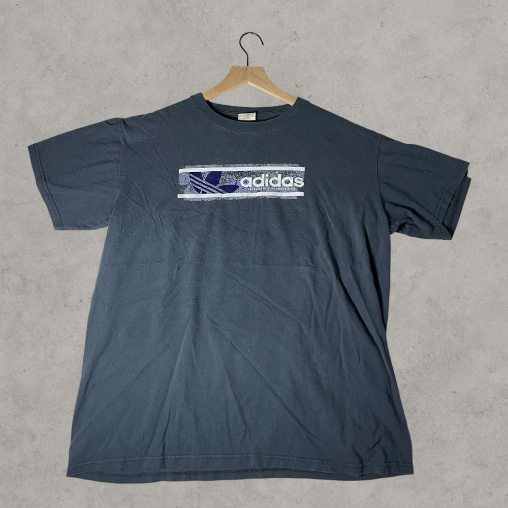 Adidas Mens Graphic T-Shirt Navy Blue Trefoil Box Logo Short Sleeve Crew Neck XL - Picture 1 of 4